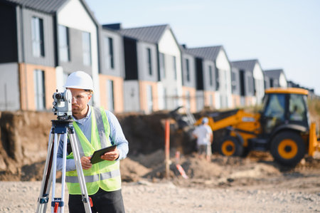 Surveyor using a theodolite for precise measurements on a construction site with new houses and...
