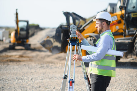 Engineer using surveying equipment for land measurement and planning on a new development project,...