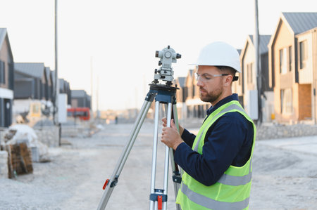 Male surveyor wearing hard hat and safety vest checking levels with a theodolite on new residential...