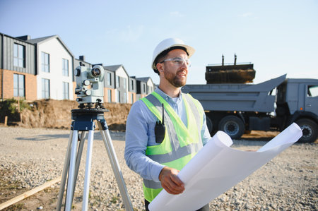 Surveyor man in hard hat and safety vest standing at a construction site with a theodolite and housing development in the backgroundの写真素材