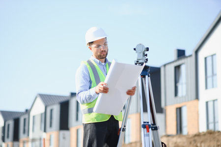 Professional surveyor checking land development plans. Engineer working on a new residential...