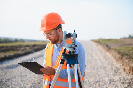 Male surveyor wearing hard hat and safety vest writing notes on clipboard while using a theodolite...
