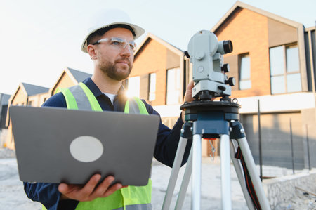 Surveyor working on a building construction site, using a laptop and geodetic station for precise...