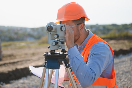 Engineer man in hard hat and safety vest using a surveying instrument at an outdoor construction...