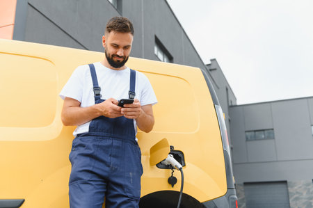 Courier checking his smartphone while charging an electric delivery van near a modern building,...