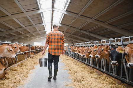 Farmer carrying metal bucket walking in cowshed to feed jersey cattle with hay, modern livestock...