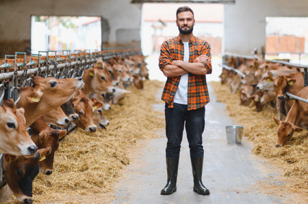 Confident farmer standing with arms crossed in a cowshed, observing jersey cattle contentedly eating...