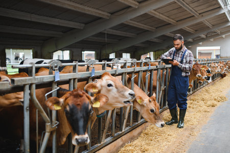 Farmer using digital tablet and managing cows in cowshed, modern agriculture and technology concept