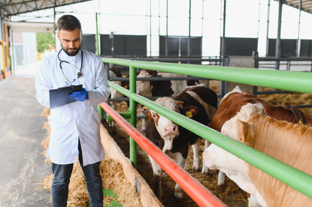 Veterinarian wearing lab coat and stethoscope writing on clipboard while examining group of cows in...