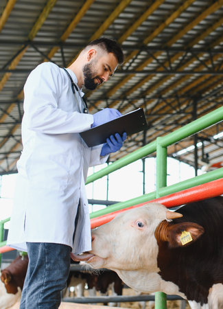 Veterinarian wearing gloves and holding clipboard is taking notes while examining a curious cow...
