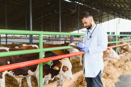 Veterinarian wearing gloves and holding a clipboard, taking notes while examining cows in a barn,...