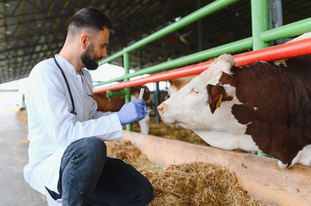 Veterinarian wearing gloves and holding syringe examining cow in barn, providing specialized care...