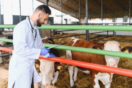 Veterinarian wearing gloves and holding clipboard, examining cows in a modern farm, ensuring animal health and welfareの写真素材