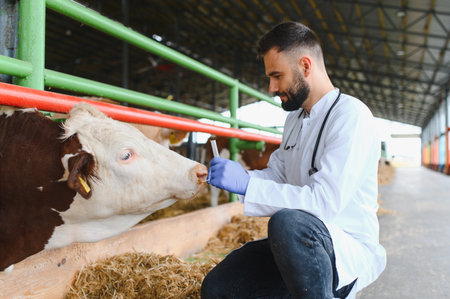 Veterinarian wearing gloves and a white coat performs a nasal swab test on a cow inside a barn, ensuring animal health and farm hygieneの写真素材