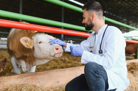 Veterinarian wearing gloves and holding syringe is examining cow on farm, providing necessary...