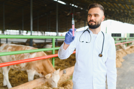 Veterinarian holding syringe with vaccine for cows in barn, ensuring livestock health and disease...