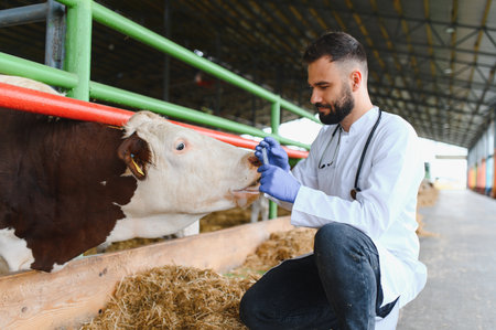Young veterinarian wearing gloves and lab coat giving medicine with syringe to a cow inside a barn