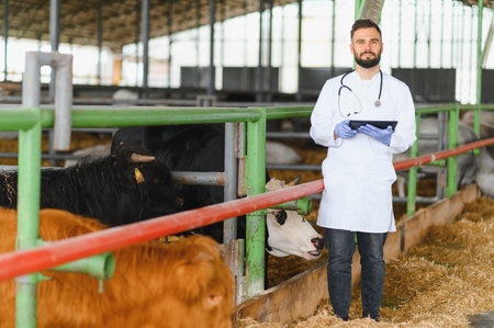 Veterinarian wearing white coat and blue gloves, using digital tablet and examining cows in barn
