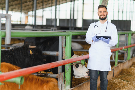 Veterinarian using digital tablet and wearing gloves and stethoscope is monitoring cows in a barn
