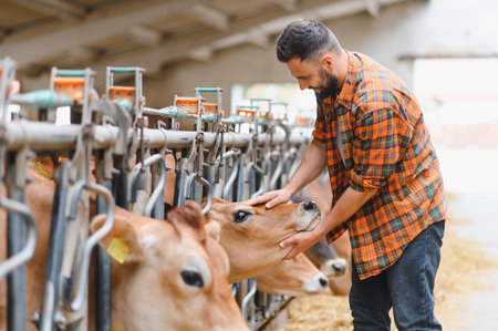 Farmer caring for jersey cows in a modern barn, gently stroking a calf with love and dedication,...