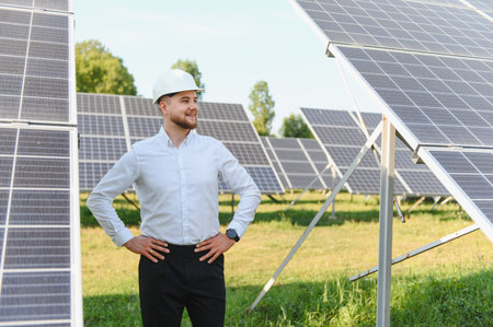Young male engineer wearing hard hat smiling, standing confidently among rows of solar panels at...
