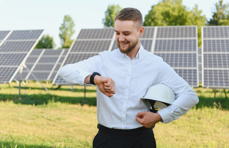Young man holding hard hat, smiling, and looking at smartwatch while standing at a solar energy...