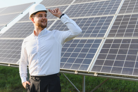 Engineer in hard hat inspecting solar panels on site, symbolizing renewable energy, clean...