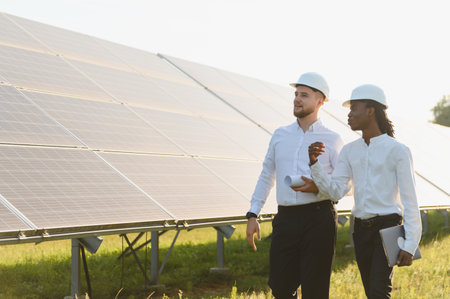 Diverse engineers discussing work at a solar power plant, focusing on sustainable development and...