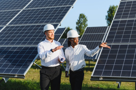 Diverse engineers discussing renewable energy project, working together at a large solar power plant...