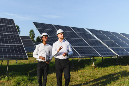Two engineers in hard hats walk and discuss operations across a solar farm under a bright blue sky,...