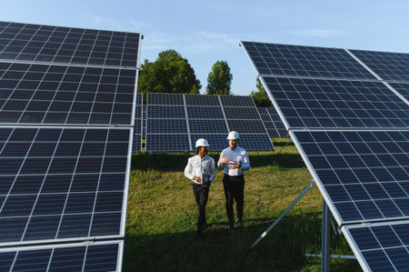 Engineers in hard hats walking through a large solar farm, discussing plans for sustainable energy...
