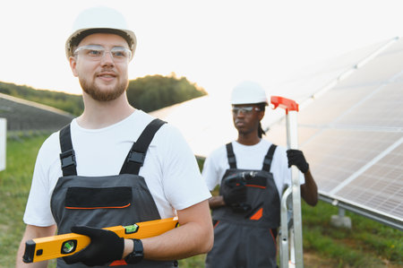 Two diverse technicians in hard hats and safety glasses working at a solar power plant, installing...