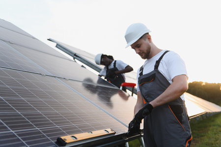 Team of workers installing solar panels at a solar power plant, generating sustainable green energy...