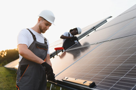 Team of diverse workers installing photovoltaic solar panels in a field, generating electricity for...