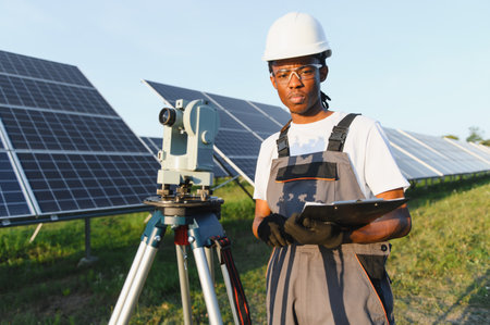 African american engineer working at a solar power plant, holding a clipboard and supervising renewable energy productionの写真素材