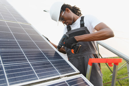 African male technician installing solar panel on a sunny day, ensuring efficient sustainable energy productionの写真素材