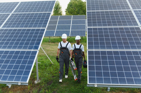 Technicians in hard hats and overalls carrying tools and a ladder, walking between rows of solar...