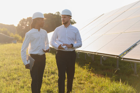 Two engineers wearing hard hats discussing renewable energy solutions in a solar farm at sunset,...