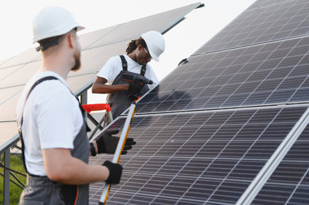 Two diverse male technicians working together, installing solar panels for clean, sustainable...