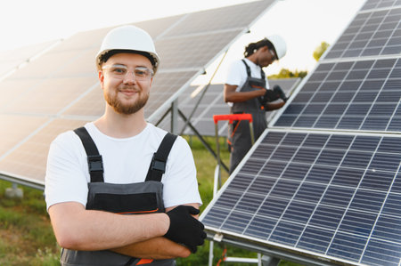 Young smiling technician while team member installing solar panels at a renewable energy power plant...