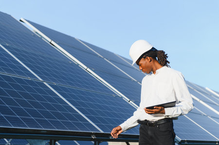 Male engineer wearing hard hat and holding a tablet, inspecting solar panels at a renewable energy farm under blue skyの写真素材