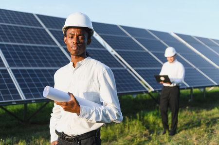 Young black engineer holding plans in a solar panel field while a colleague works on a laptop in the...