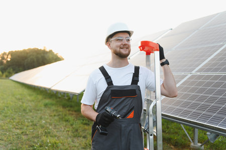 Male technician wearing safety gear, holding a drill, and standing on a ladder next to solar panels...