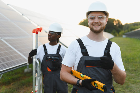 Diverse engineering team installing solar panels focusing on renewable energy and sustainable power...