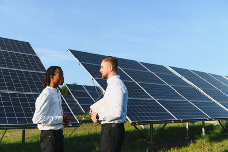 Diverse engineers having a conversation with a laptop among rows of solar panels, planning...