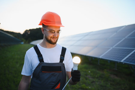 Engineer wearing hard hat and safety glasses, holding a glowing light bulb with solar panels...