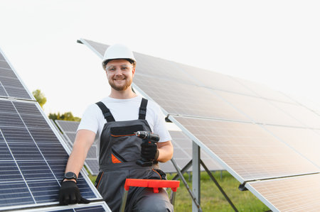Smiling man installing solar panels, holding a drill tool. Representing clean energy, renewable...