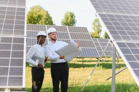 Diverse engineers wearing hard hats, discussing plans while standing in a solar panel field...