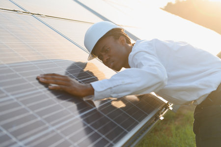 Engineer inspects solar panel at sunset, ensuring efficient renewable energy production and...