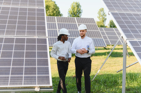 Engineers wearing hard hats discussing sustainable technology solutions while walking through a...